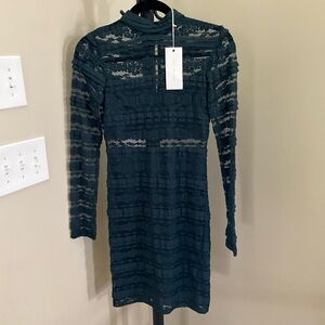 Lush Dark Teal Lace Long Sleeve Dress